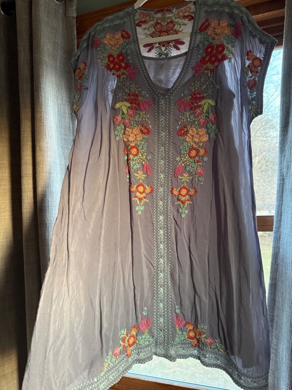 Johnny Was Gray Embroidered Mini Dress with Multicolor Floral Accents